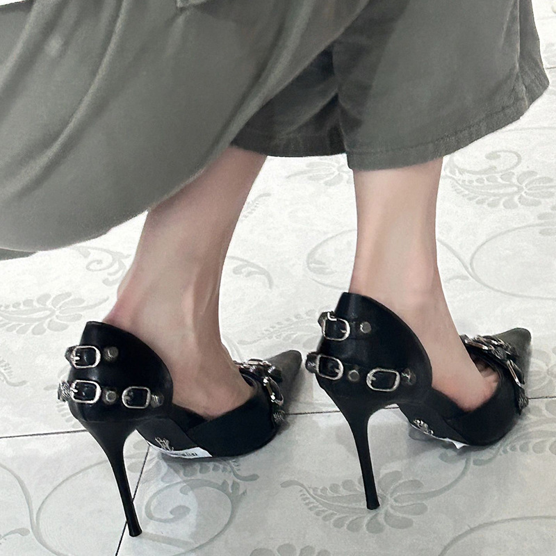 European and American new pointed thin heel rivet high heels women's sexy buckle punk style hollow queen single shoes