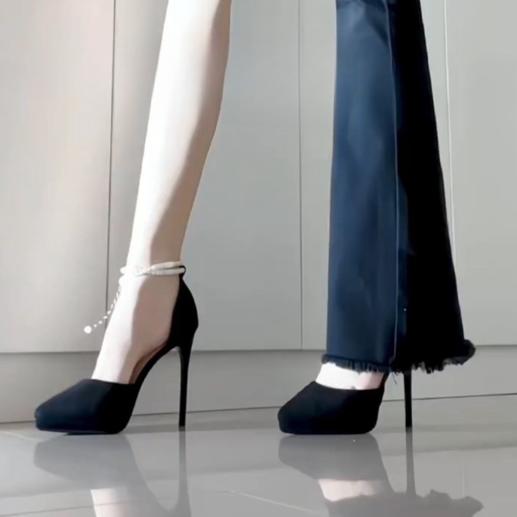 New waterproof platform high heels for women, slim heels that are not tiring, sexy student black suede hollow pointed single shoes for women