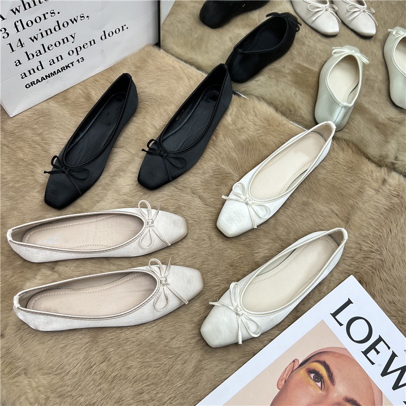 Niche Design French Gentle Bow Square Head Flat Single Shoes for Women 2024 Spring New Silk Bean Scoop Shoes Niche Design French Gentle Bow Square Head Flat Single Shoes for Women 2024 Spring New Silk Bean Scoop Shoes