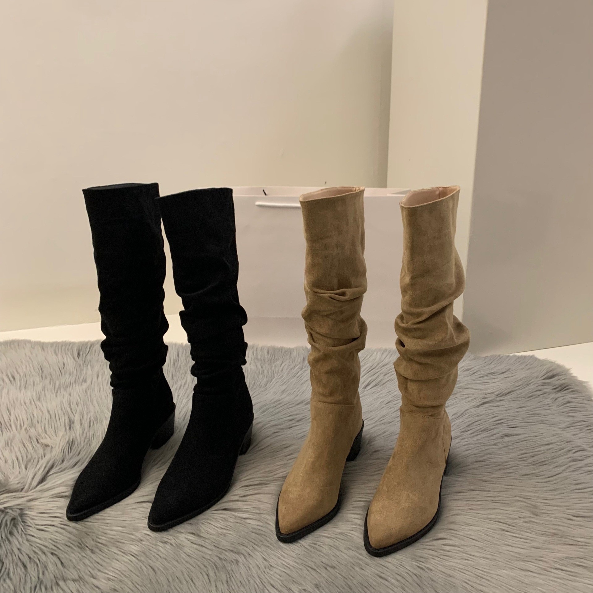 High heeled suede western mid length boots women's shoes 2024 new autumn and winter with suede pointed pile long leg knight boots