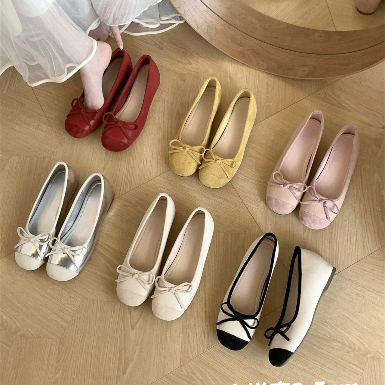 Interior height increasing version~French fairy style shallow bow single shoe for women in spring and autumn soft sole color blocked small fragrant style single shoe