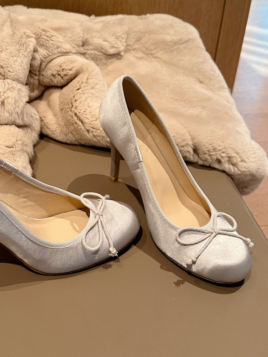 High heeled shoes for women, 2025 new spring, slim heel, round toe, bow, satin, ballet, gentle French temperament, single shoe, black High heeled shoes for women, 2025 new spring, slim heel, round toe, bow, satin, ballet, gentle French temperament, single shoe, black