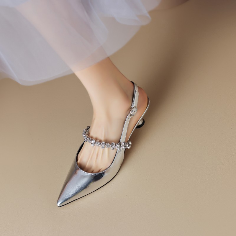 Extremely slim~French rhinestone silver pointed back hollow Mary Jane small leather shoes small heel toe sandals women's summer