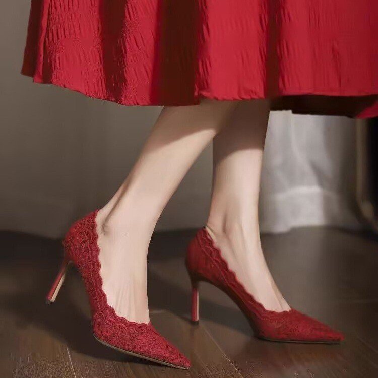 White high heels wedding shoes for women in the spring of 2025, new pointed and fine heel embroidered lace dress bridal shoes White high heels wedding shoes for women in the spring of 2025, new pointed and fine heel embroidered lace dress bridal shoes