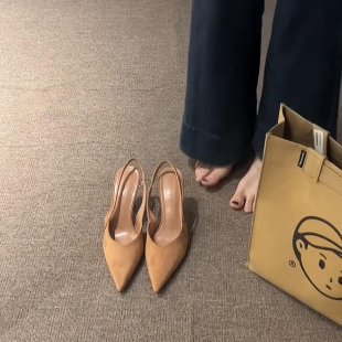 Two heights~French pointed leopard print high heels, toe sandals, women's spring and summer slim heels, suede back, empty single shoes Two heights~French pointed leopard print high heels, toe sandals, women's spring and summer slim heels, suede back, empty single shoes