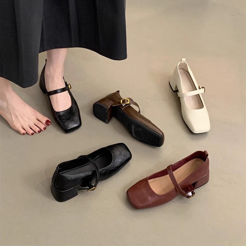 French retro square toe shallow mouth single shoe for women, with spring and autumn style evening style temperament, fairy thick heel, Mary Jane small leather shoes French retro square toe shallow mouth single shoe for women, with spring and autumn style evening style temperament, fairy thick heel, Mary Jane small leather shoes