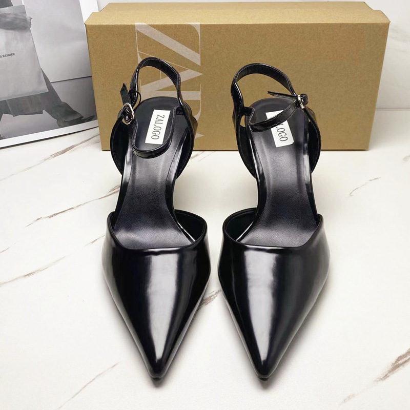 ZA women's shoes 2024 summer new women's shoes high heels black patent leather pointed toe buckle high-heeled sandals for women ZA women's shoes 2024 summer new women's shoes high heels black patent leather pointed toe buckle high-heeled sandals for women