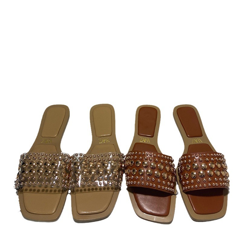ZA2024 season new flat bottomed square toe sandals for women with exposed toes and transparent rivets, stylish and fashionable women's sandals ZA2024 season new flat bottomed square toe sandals for women with exposed toes and transparent rivets, stylish and fashionable women's sandals