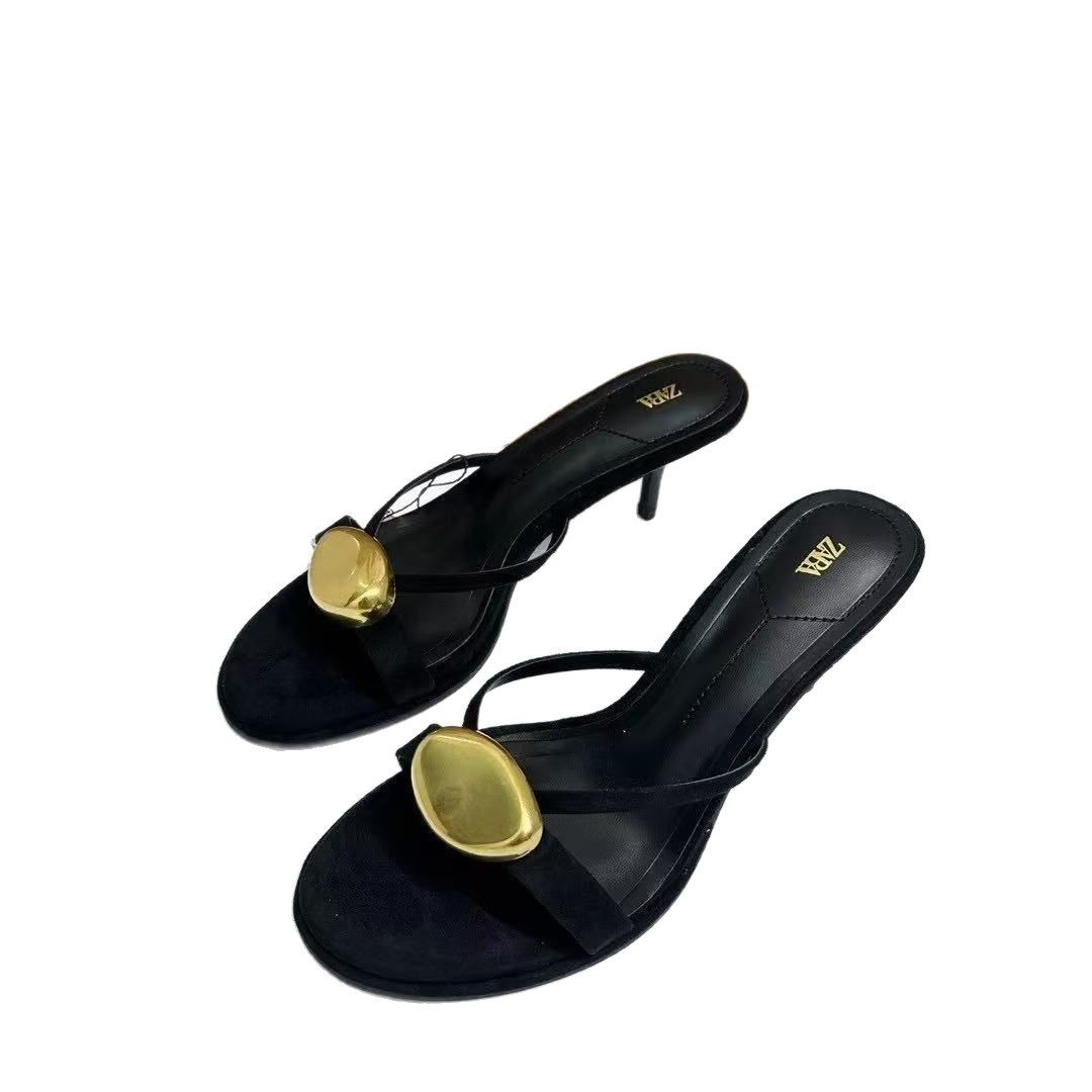 2025 Spring/Summer New Metal Buckle Black Straight Heel Women's Sandals with Thin Heels and Open Toes, Fashion Outerwear 2025 Spring/Summer New Metal Buckle Black Straight Heel Women's Sandals with Thin Heels and Open Toes, Fashion Outerwear