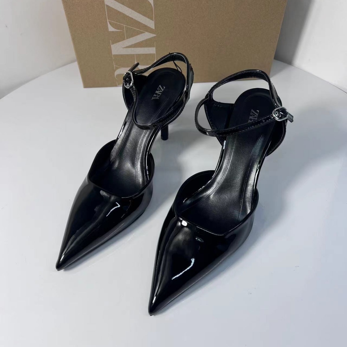 ZA women's shoes 2024 summer new women's shoes high heels black patent leather pointed toe buckle high-heeled sandals for women ZA women's shoes 2024 summer new women's shoes high heels black patent leather pointed toe buckle high-heeled sandals for women