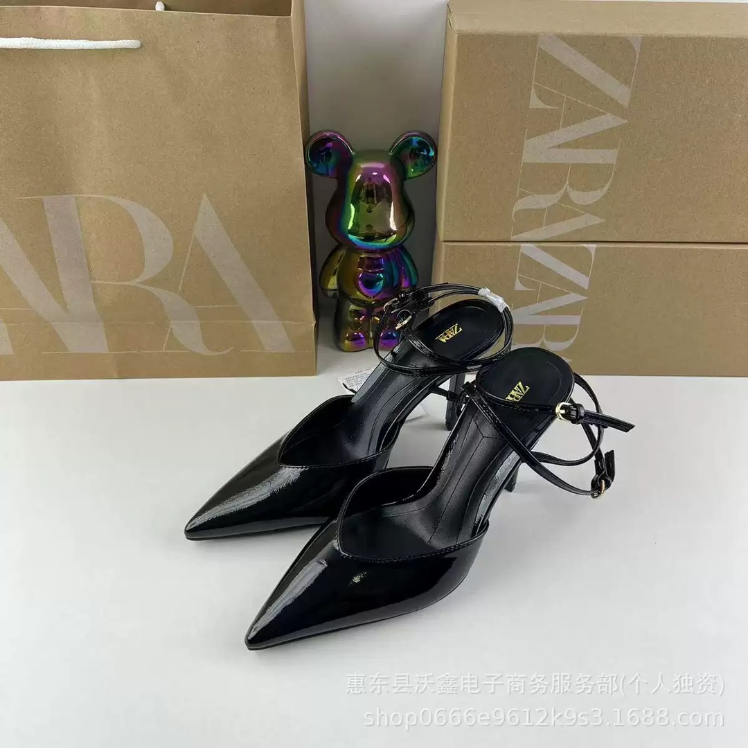 Za2025 Spring New Product: Lacquered Leather Effect with Decorative Pointed High Heels, Dew Heels, Fine Heels, Muller Shoes, Headless and Empty Sandals