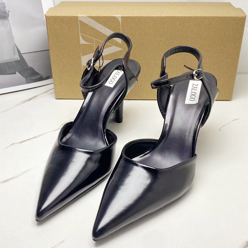 ZA women's shoes 2024 summer new women's shoes high heels black patent leather pointed toe buckle high-heeled sandals for women ZA women's shoes 2024 summer new women's shoes high heels black patent leather pointed toe buckle high-heeled sandals for women