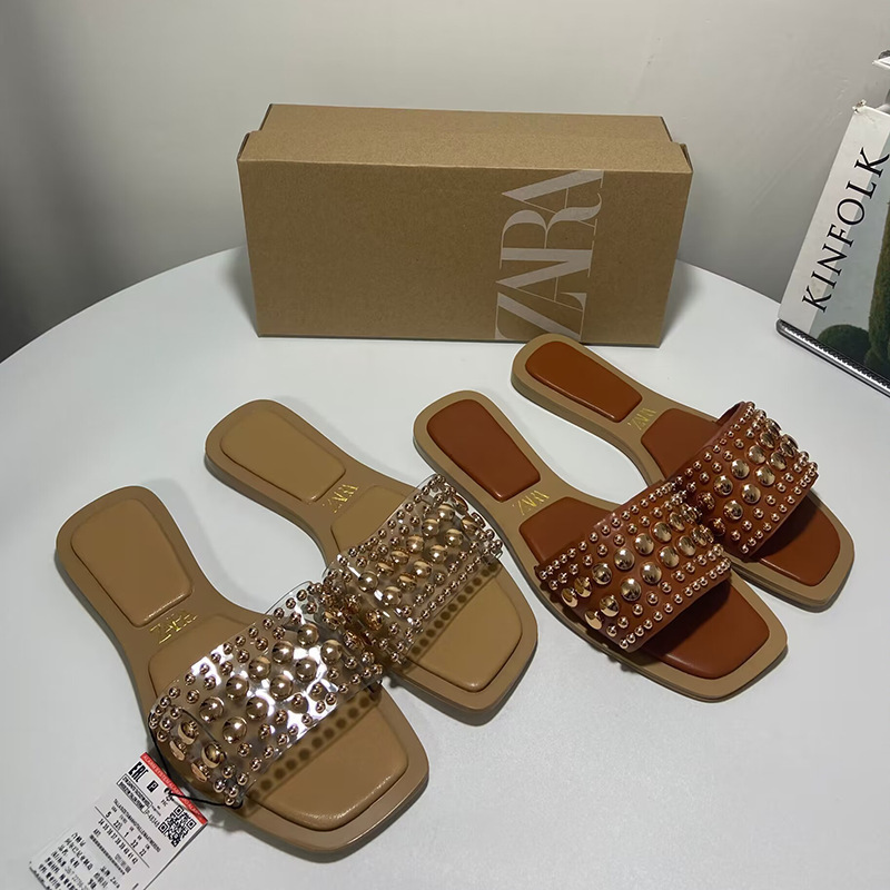 ZA2024 season new flat bottomed square toe sandals for women with exposed toes and transparent rivets, stylish and fashionable women's sandals ZA2024 season new flat bottomed square toe sandals for women with exposed toes and transparent rivets, stylish and fashionable women's sandals