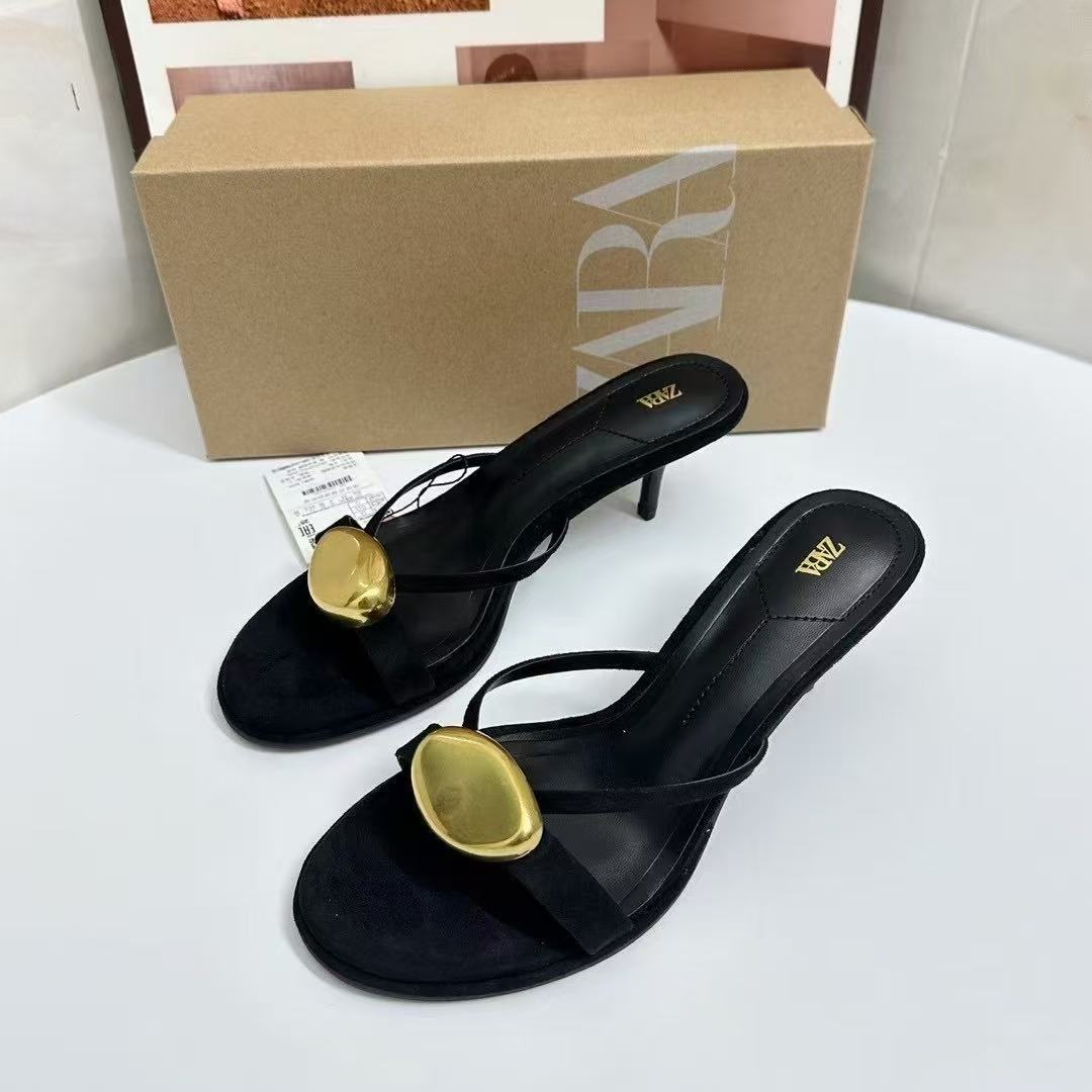 ZA2025 Spring New Women's Shoes Black Metal Detail Decoration Round Head Stiletto Sandals Elegant ZA2025 Spring New Women's Shoes Black Metal Detail Decoration Round Head Stiletto Sandals Elegant