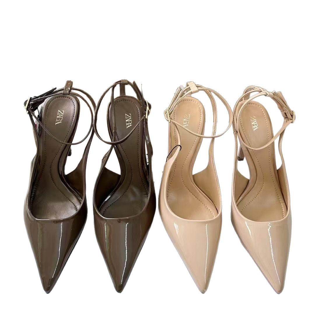 ZA pointed patent leather high-heeled shoes for women in spring 2025, new sexy style with empty toe, M ü ller shoes, shallow mouth slim heel sandals ZA pointed patent leather high-heeled shoes for women in spring 2025, new sexy style with empty toe, M ü ller shoes, shallow mouth slim heel sandals