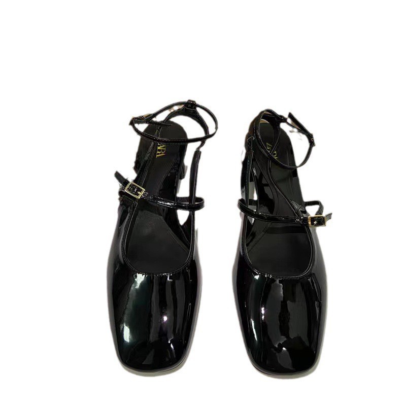 ZA Women's Shoes 2024 Autumn New Style Square Head Mary Jane Shallow Mouth Coarse Heel Low Follow Follow Shoes Back Strap Black Sandals for Women ZA Women's Shoes 2024 Autumn New Style Square Head Mary Jane Shallow Mouth Coarse Heel Low Follow Follow Shoes Back Strap Black Sandals for Women