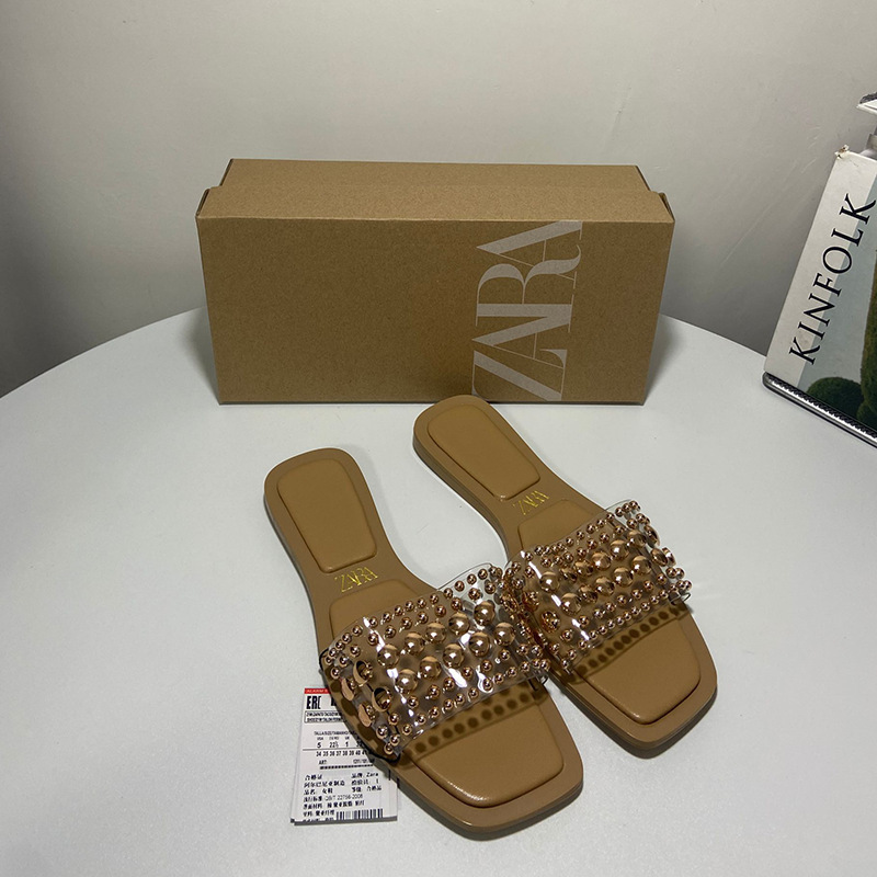 ZA2024 season new flat bottomed square toe sandals for women with exposed toes and transparent rivets, stylish and fashionable women's sandals ZA2024 season new flat bottomed square toe sandals for women with exposed toes and transparent rivets, stylish and fashionable women's sandals