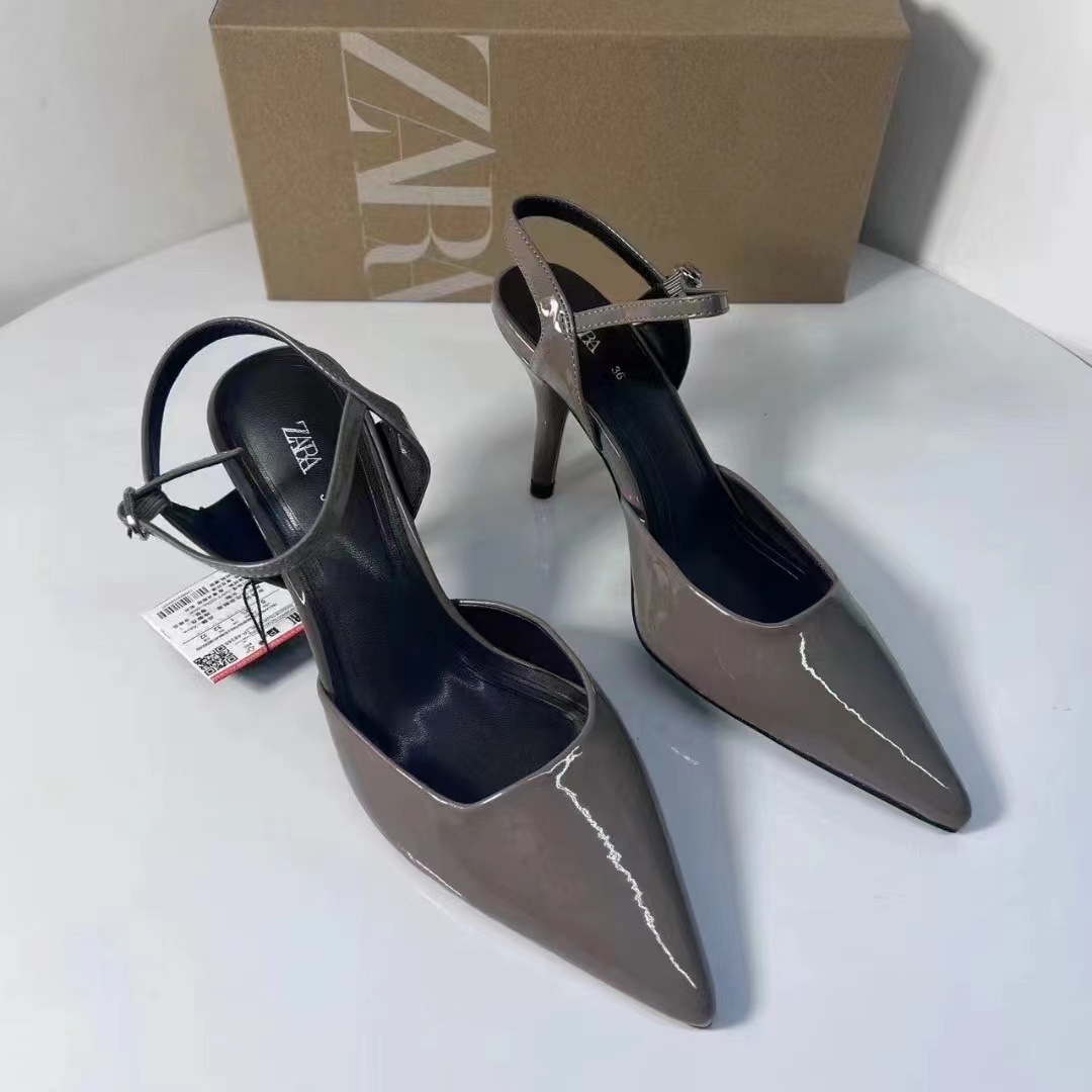 ZA women's shoes 2024 summer new women's shoes high heels black patent leather pointed toe buckle high-heeled sandals for women ZA women's shoes 2024 summer new women's shoes high heels black patent leather pointed toe buckle high-heeled sandals for women