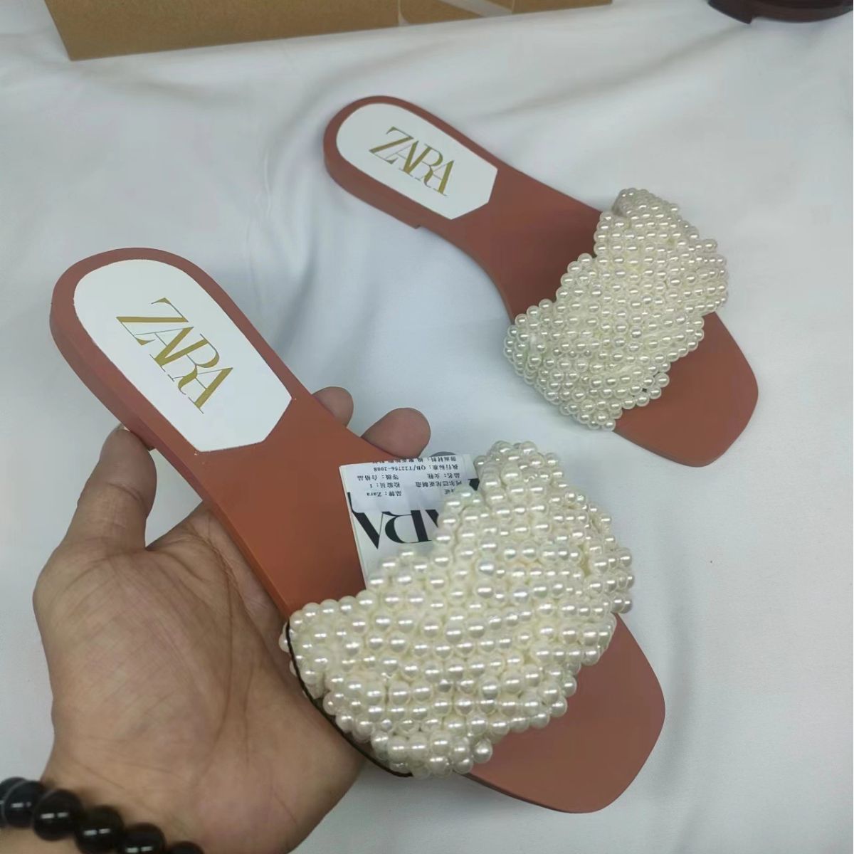 ZA Flat Flat Women's Shoes 2024 Spring/Summer New Style Foreign Trade Fashion Versatile Pearl Strap French Style Cool Slippers for Women ZA Flat Flat Women's Shoes 2024 Spring/Summer New Style Foreign Trade Fashion Versatile Pearl Strap French Style Cool Slippers for Women