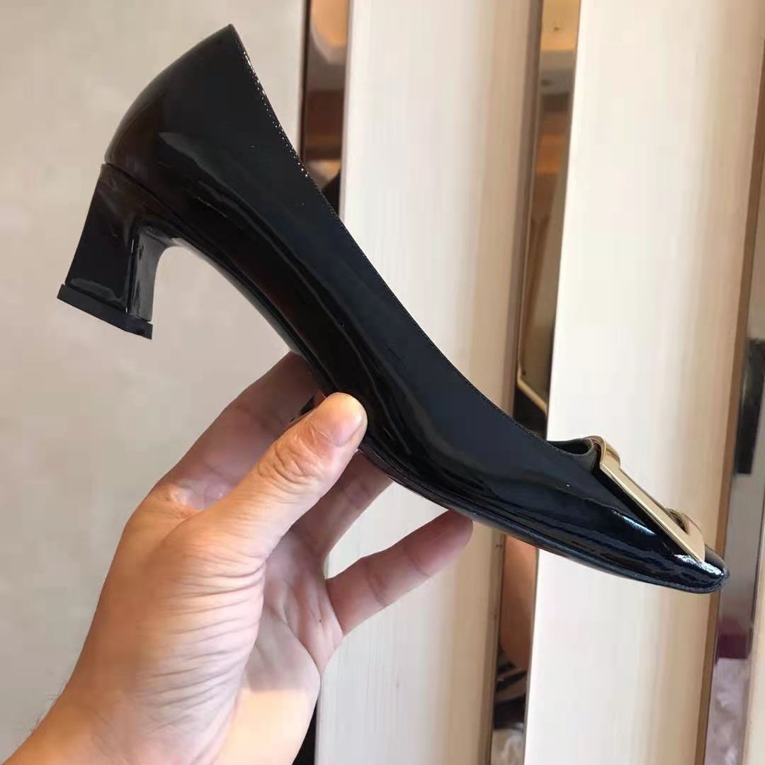 RENYOUVIWIOR square buckle single shoes, thick heel, middle heel, flat bottomed square toe, shallow mouth women's shoes, wedding shoes, commuting high heels