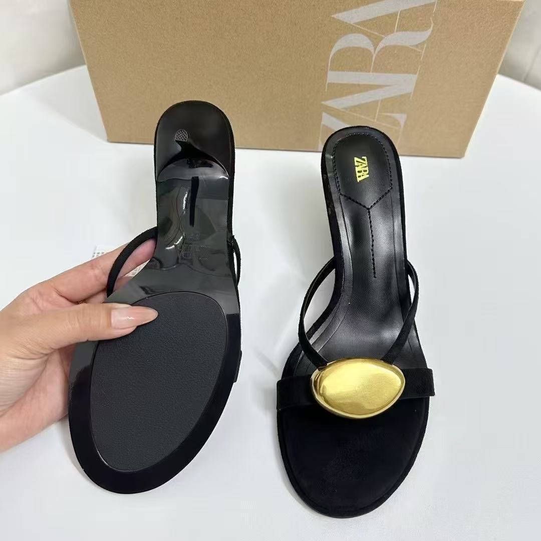 ZA2025 Spring New Women's Shoes Black Metal Detail Decoration Round Head Stiletto Sandals Elegant ZA2025 Spring New Women's Shoes Black Metal Detail Decoration Round Head Stiletto Sandals Elegant