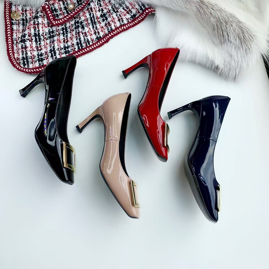 RENYOUVIWIOR square buckle single shoes patent leather women's shoes slim heels high heels women's head OL commuting leather wedding shoes