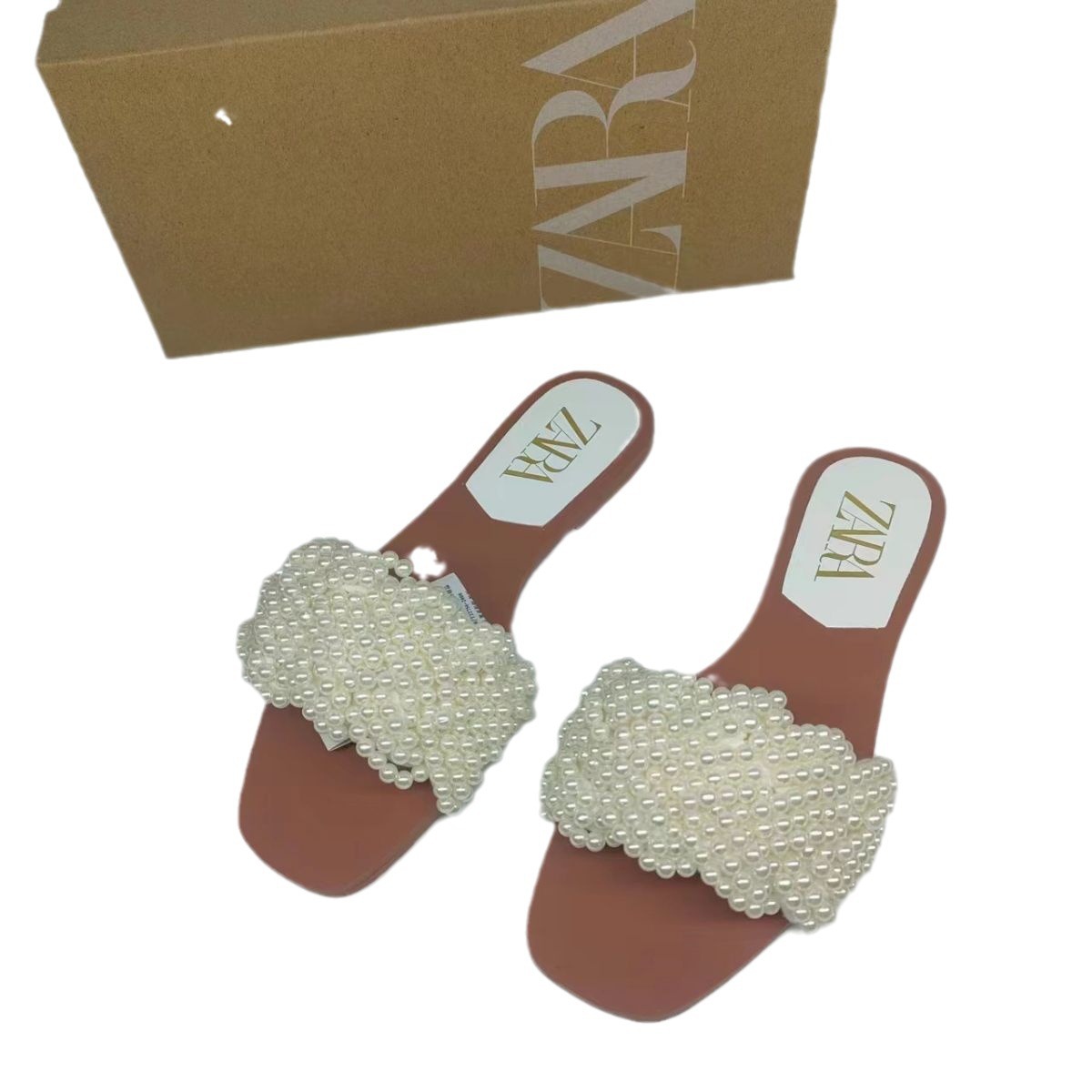 ZA Flat Flat Women's Shoes 2024 Spring/Summer New Style Foreign Trade Fashion Versatile Pearl Strap French Style Cool Slippers for Women ZA Flat Flat Women's Shoes 2024 Spring/Summer New Style Foreign Trade Fashion Versatile Pearl Strap French Style Cool Slippers for Women