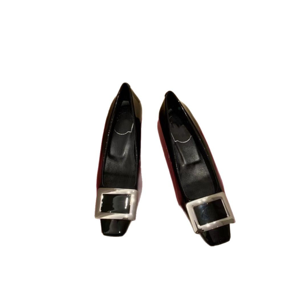 RENYOUVIWIOR European station square button women's shoes temperament high heels French versatile square toe thick heels wedding shoes patent leather RENYOUVIWIOR European station square button women's shoes temperament high heels French versatile square toe thick heels wedding shoes patent leather