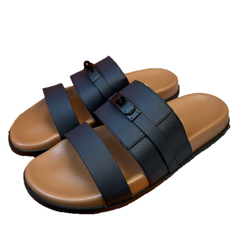 Soft soled slippers for men's summer fashion brand, light luxury leather, breathable outer casual shoes, European station, anti slip, British one-piece mop Soft soled slippers for men's summer fashion brand, light luxury leather, breathable outer casual shoes, European station, anti slip, British one-piece mop