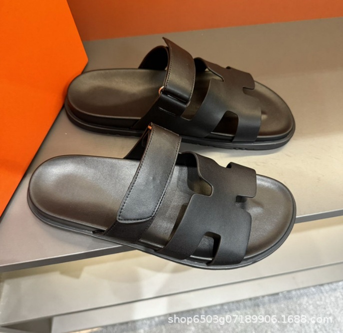 Summer slippers for men, made of genuine leather with soft soles, slip resistant fashion shoes for external wear, European station, light luxury, Velcro, casual, H-shaped slippers Summer slippers for men, made of genuine leather with soft soles, slip resistant fashion shoes for external wear, European station, light luxury, Velcro, casual, H-shaped slippers