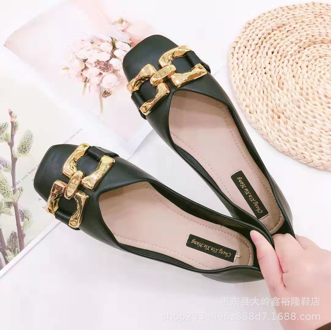 2022 Autumn New British Style Square Head Flat Bottom Bag Women's Single Shoes Fashion Metal Buckle