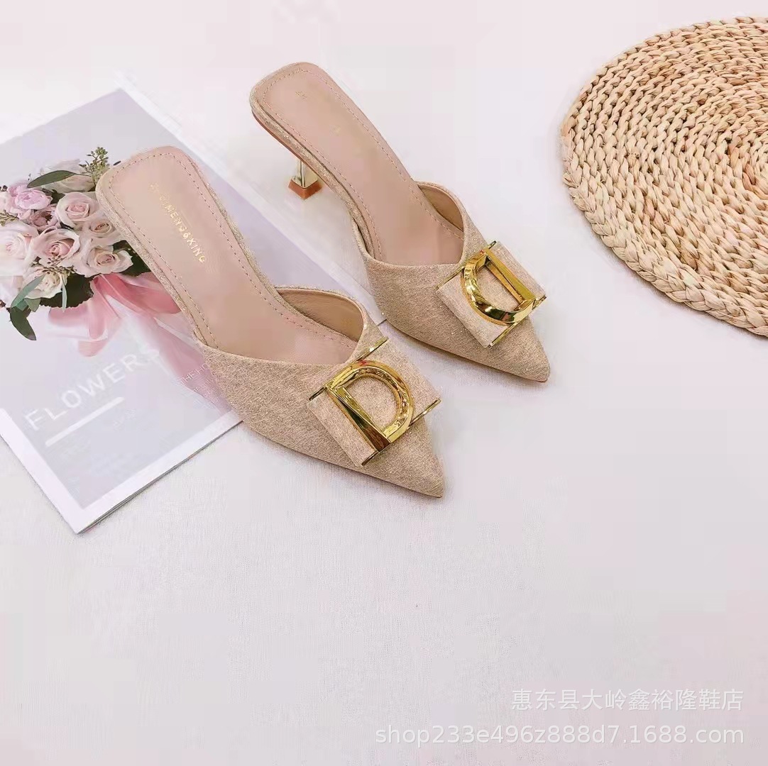 2022 New Internet Celebrity D-Button Middle Heel Baotou Sexy Sandals with Sharp Point and Thin Heel Back Empty Women's Shoes 2022 New Internet Celebrity D-Button Middle Heel Baotou Sexy Sandals with Sharp Point and Thin Heel Back Empty Women's Shoes