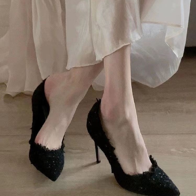 High heels, women's slim heels, 2024 new autumn and winter woven European and American French pointed single shoes, small fragrant style women's shoes High heels, women's slim heels, 2024 new autumn and winter woven European and American French pointed single shoes, small fragrant style women's shoes