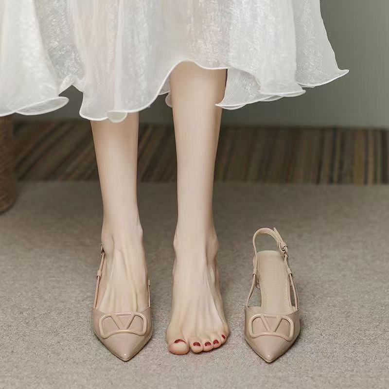 High heels, women's French style spring and summer shallow mouth wedding shoes, plus size fashion, nude color, small fragrance style, versatile, thin heel, toe cap, V shape High heels, women's French style spring and summer shallow mouth wedding shoes, plus size fashion, nude color, small fragrance style, versatile, thin heel, toe cap, V shape