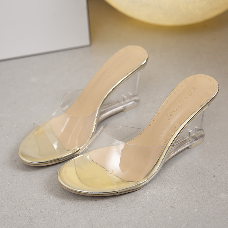2024 Summer New Fashionable High Heel Slippers, Women's Transparent Slope Heel Shoes, One Line Outward Wearing, Fairy Wind Cool Slippers, Trendy 2024 Summer New Fashionable High Heel Slippers, Women's Transparent Slope Heel Shoes, One Line Outward Wearing, Fairy Wind Cool Slippers, Trendy