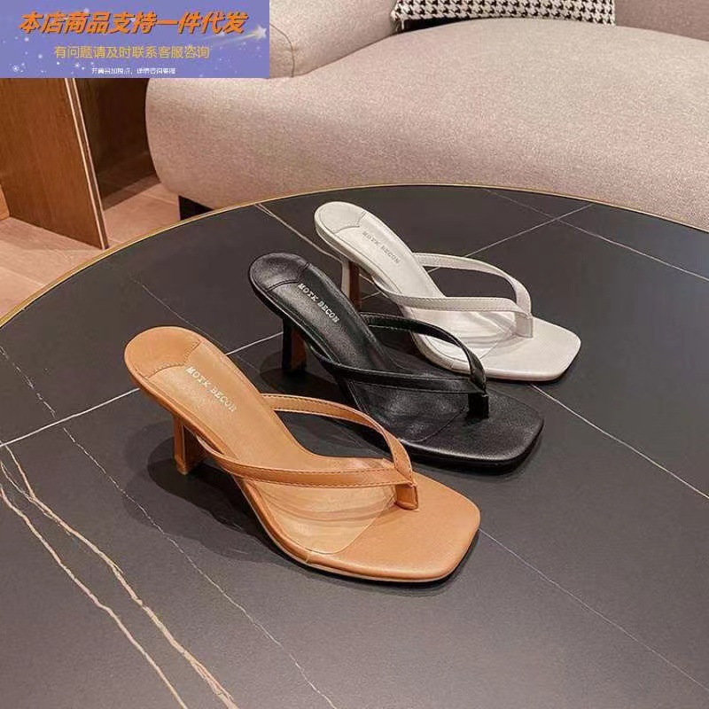 Black toe sandals, women's word slippers, high heels, slim heels, clip on feet, fashionable and versatile slippers, square toe sandals, summer slippers Black toe sandals, women's word slippers, high heels, slim heels, clip on feet, fashionable and versatile slippers, square toe sandals, summer slippers