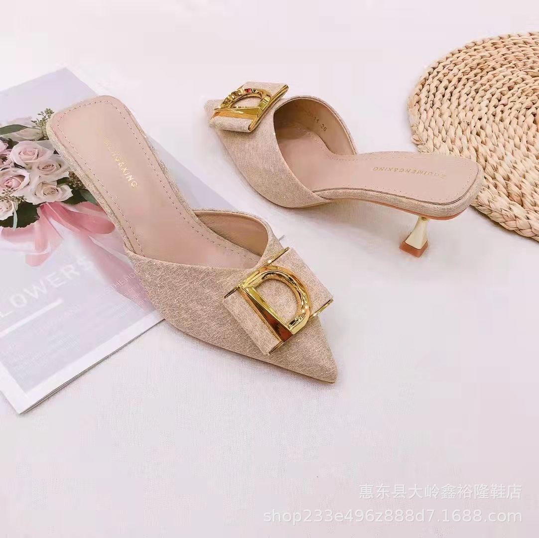 2022 New Internet Celebrity D-Button Middle Heel Baotou Sexy Sandals with Sharp Point and Thin Heel Back Empty Women's Shoes 2022 New Internet Celebrity D-Button Middle Heel Baotou Sexy Sandals with Sharp Point and Thin Heel Back Empty Women's Shoes
