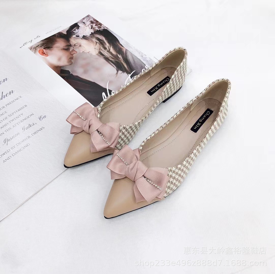 2022 Autumn Korean version fairy bow shallow mouth soft leather soft sole pointed flat shoes 2022 Autumn Korean version fairy bow shallow mouth soft leather soft sole pointed flat shoes