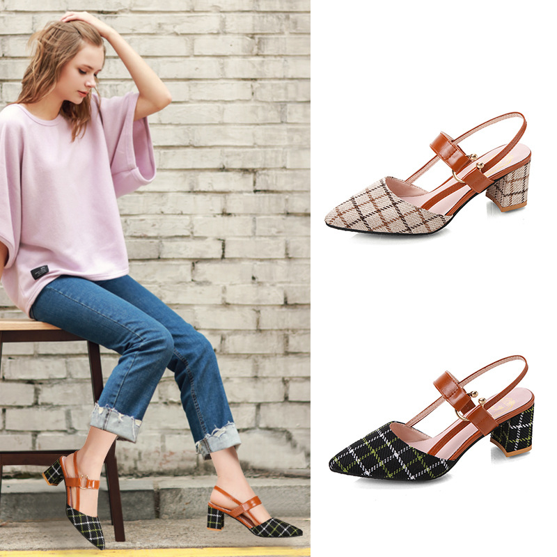 Coarse heeled hollow sandals with one button high heels 2024 new style shallow mouth temperament checkered pointed mid heel women's shoes hair replacement