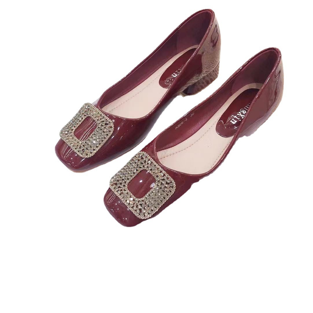 Single shoe women's 2022 spring/summer new Korean version square toe rhinestone square buckle fashionable bean shoes Single shoe women's 2022 spring/summer new Korean version square toe rhinestone square buckle fashionable bean shoes