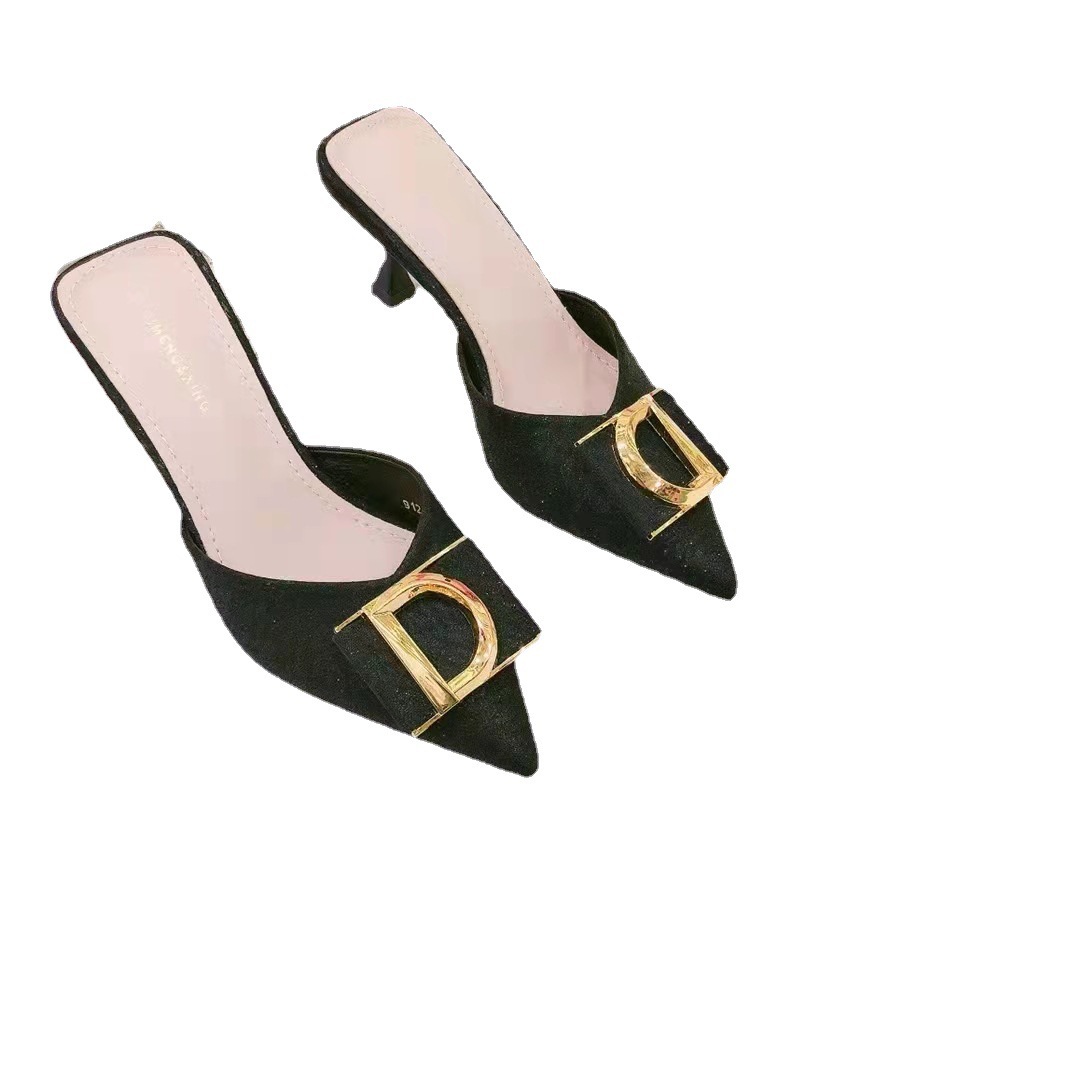 2022 New Internet Celebrity D-Button Middle Heel Baotou Sexy Sandals with Sharp Point and Thin Heel Back Empty Women's Shoes 2022 New Internet Celebrity D-Button Middle Heel Baotou Sexy Sandals with Sharp Point and Thin Heel Back Empty Women's Shoes