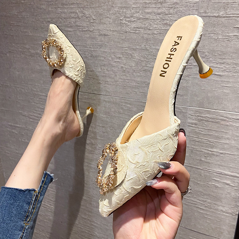 Slippers for women in summer, half slippers for women, 2024 new style French slim heel, Baotou cool slippers, black super high heels Slippers for women in summer, half slippers for women, 2024 new style French slim heel, Baotou cool slippers, black super high heels