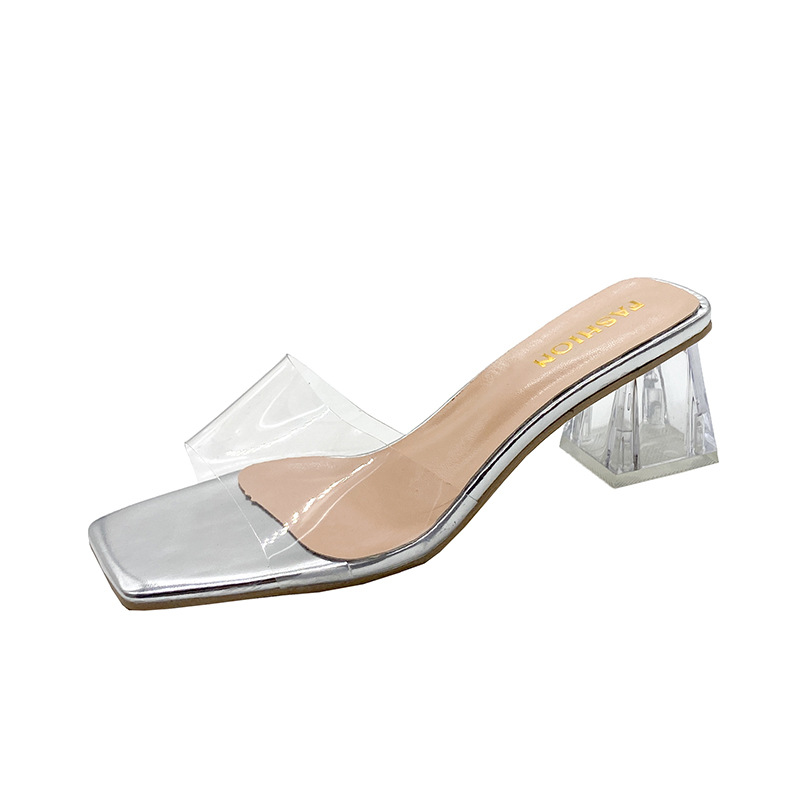 Transparent crystal slippers for women's outdoor wear 2023 summer new style, thick high heels, square toe, exposed toe, cool slippers for women's outdoor wear in summer Transparent crystal slippers for women's outdoor wear 2023 summer new style, thick high heels, square toe, exposed toe, cool slippers for women's outdoor wear in summer