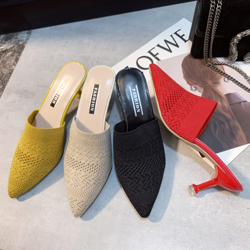 Internet celebrity Flyknit Head Wear 2024 Spring New Knitted Hollow Point High Heel Slippers Women's Bag Women's Cool Slippers Internet celebrity Flyknit Head Wear 2024 Spring New Knitted Hollow Point High Heel Slippers Women's Bag Women's Cool Slippers