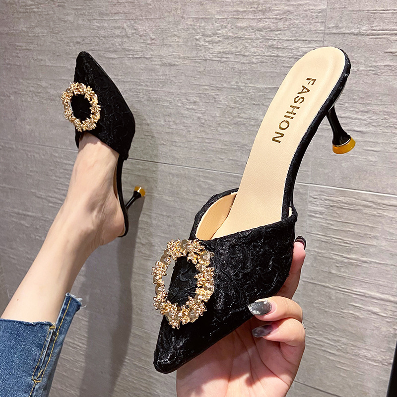 Slippers for women in summer, half slippers for women, 2024 new style French slim heel, Baotou cool slippers, black super high heels