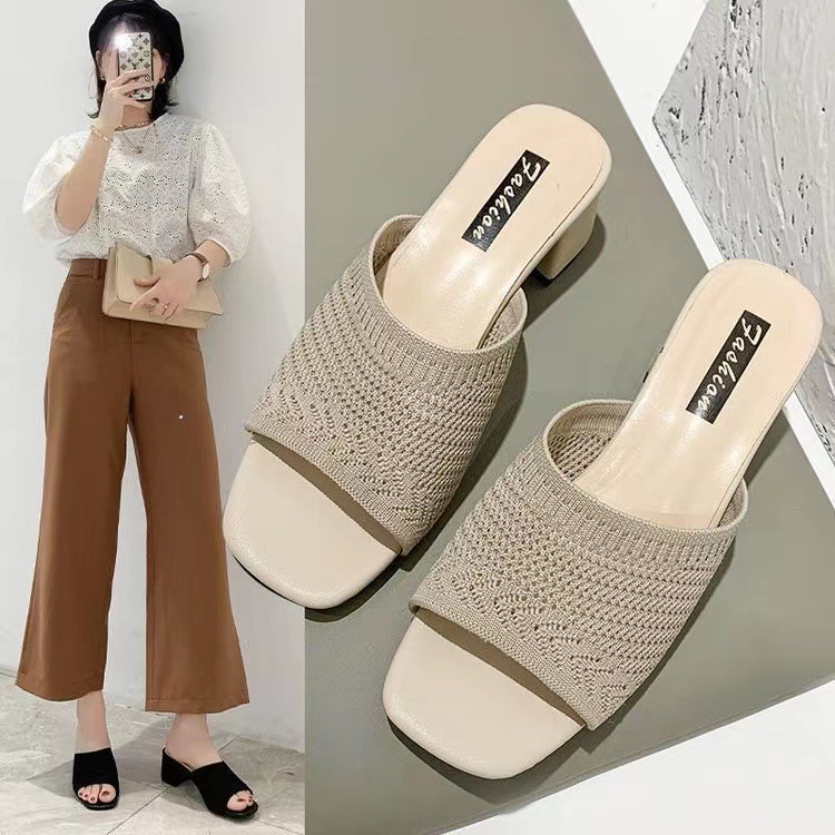 Mid heeled cool slippers for women in the spring of 2024, new Korean version, Flyknit, one-piece fashionable women's cool slippers, wholesale and dropshipping