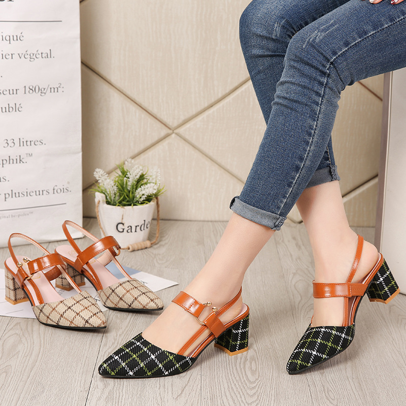 Coarse heeled hollow sandals with one button high heels 2024 new style shallow mouth temperament checkered pointed mid heel women's shoes hair replacement Coarse heeled hollow sandals with one button high heels 2024 new style shallow mouth temperament checkered pointed mid heel women's shoes hair replacement