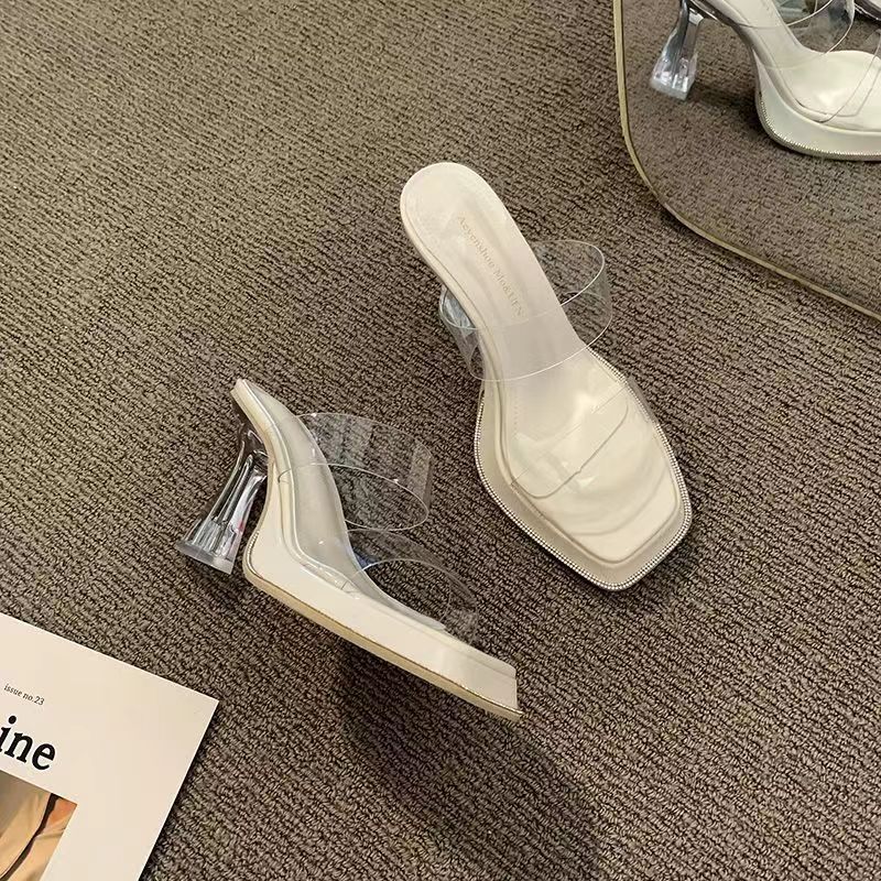 High heeled slippers for women, 2024 new summer outfit, fairy style transparent crystal and waterproof platform thick heel sandals High heeled slippers for women, 2024 new summer outfit, fairy style transparent crystal and waterproof platform thick heel sandals
