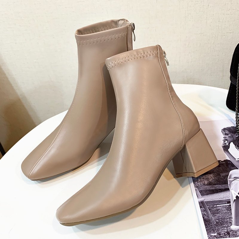 Korean version square toe thick heel short boots for women, new fashionable style with back zipper, mid leg high heels, Martin boots for women Korean version square toe thick heel short boots for women, new fashionable style with back zipper, mid leg high heels, Martin boots for women