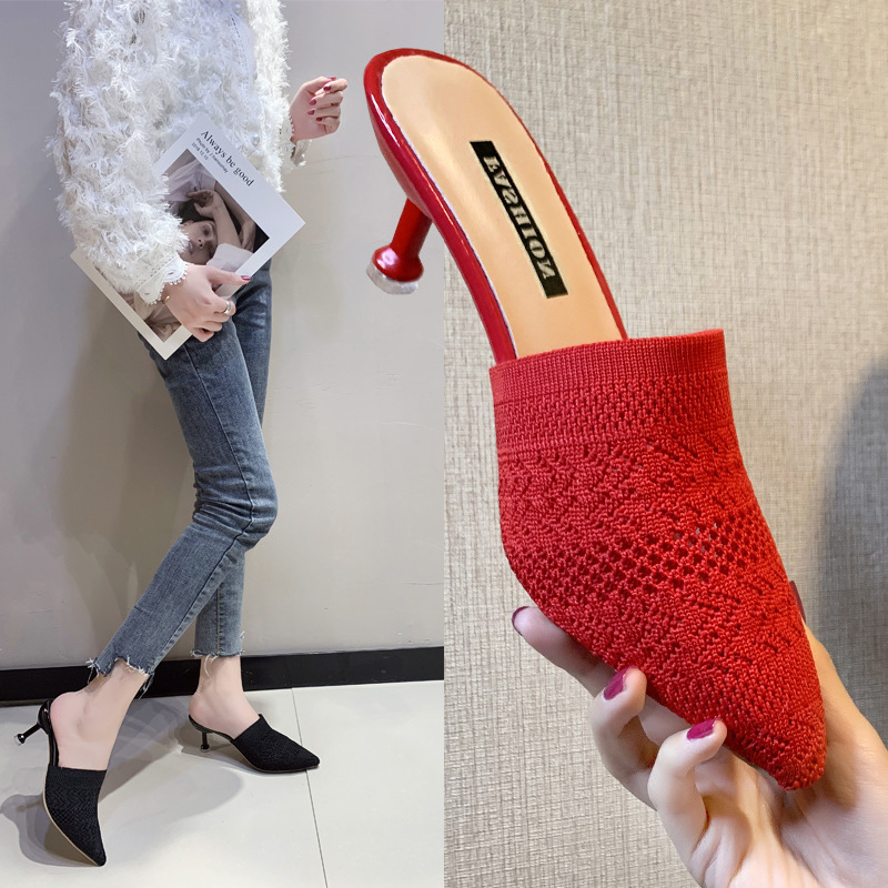 Internet celebrity Flyknit Head Wear 2024 Spring New Knitted Hollow Point High Heel Slippers Women's Bag Women's Cool Slippers Internet celebrity Flyknit Head Wear 2024 Spring New Knitted Hollow Point High Heel Slippers Women's Bag Women's Cool Slippers